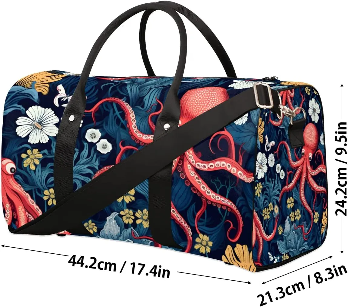 Retro Octopus Travel Duffel Bag for Women Men Waterproof Foldable Overnight Weekender Bag Large Capacity Sports Gym Bag