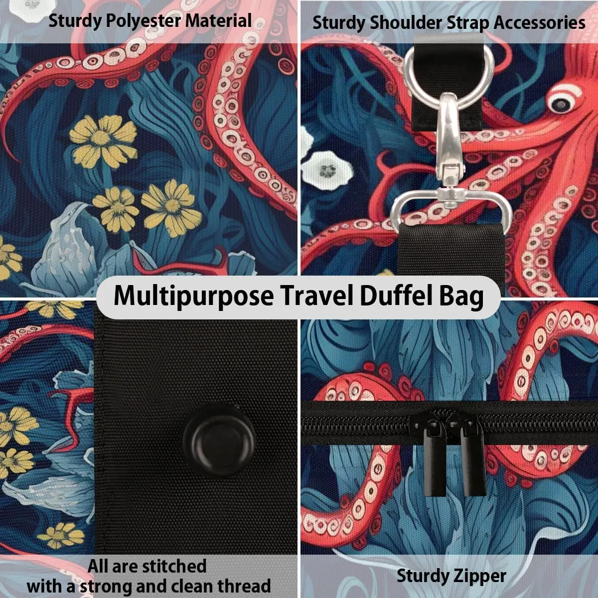 Retro Octopus Travel Duffel Bag for Women Men Waterproof Foldable Overnight Weekender Bag Large Capacity Sports Gym Bag