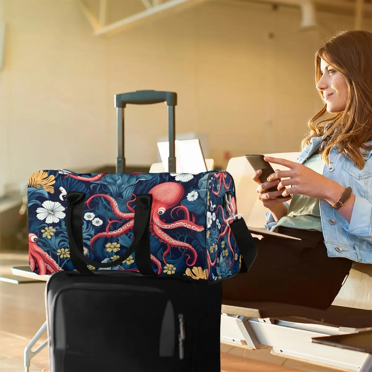 Retro Octopus Travel Duffel Bag for Women Men Waterproof Foldable Overnight Weekender Bag Large Capacity Sports Gym Bag