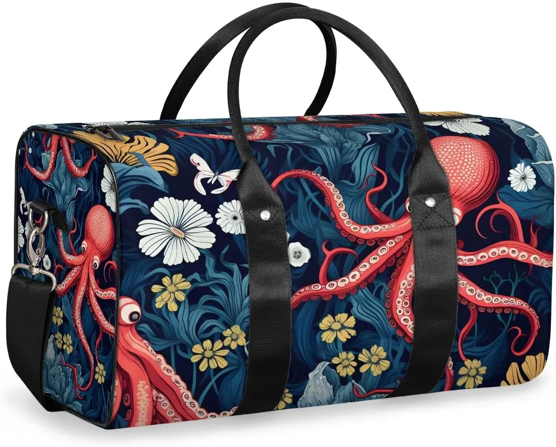Retro Octopus Travel Duffel Bag for Women Men Waterproof Foldable Overnight Weekender Bag Large Capacity Sports Gym Bag