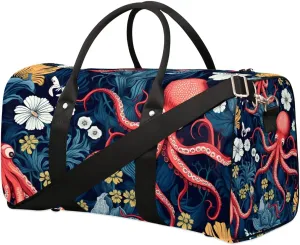 Retro Octopus Travel Duffel Bag for Women Men Waterproof Foldable Overnight Weekender Bag Large Capacity Sports Gym Bag