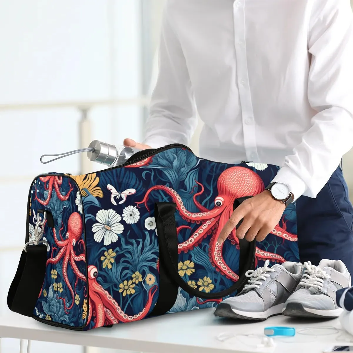Retro Octopus Travel Duffel Bag for Women Men Waterproof Foldable Overnight Weekender Bag Large Capacity Sports Gym Bag