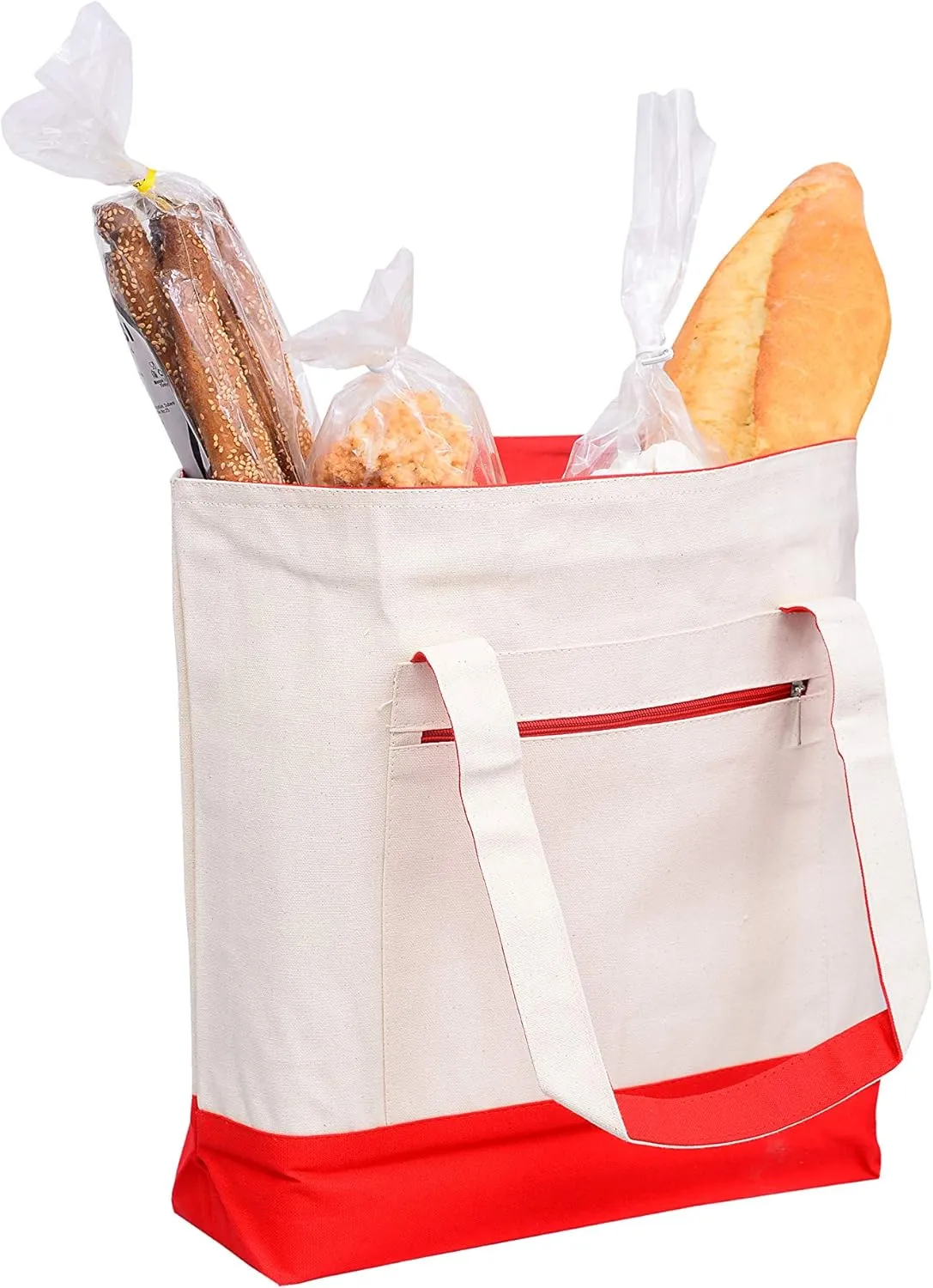 Reusable Heavy Canvas Zippered Tote Bags Two Tone Carry -All w/Zipper Front Pocket for Beach, Pool Visits, Shopping, Travel