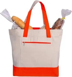 Reusable Heavy Canvas Zippered Tote Bags Two Tone Carry -All w/Zipper Front Pocket for Beach, Pool Visits, Shopping, Travel
