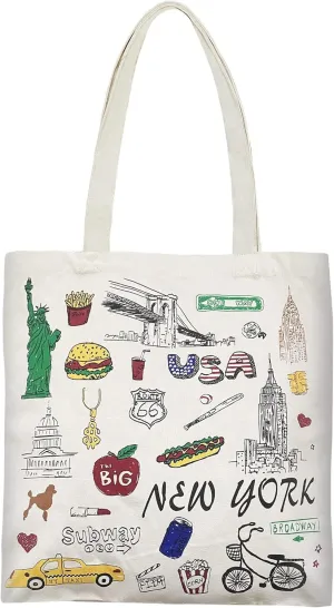 Reusable Large Multipurpose New York Souvenir for Travel Bag, Grocery Tote, Shopping Handbag, Canvas Tote Bag. (JP-330130F) Creamy-white
