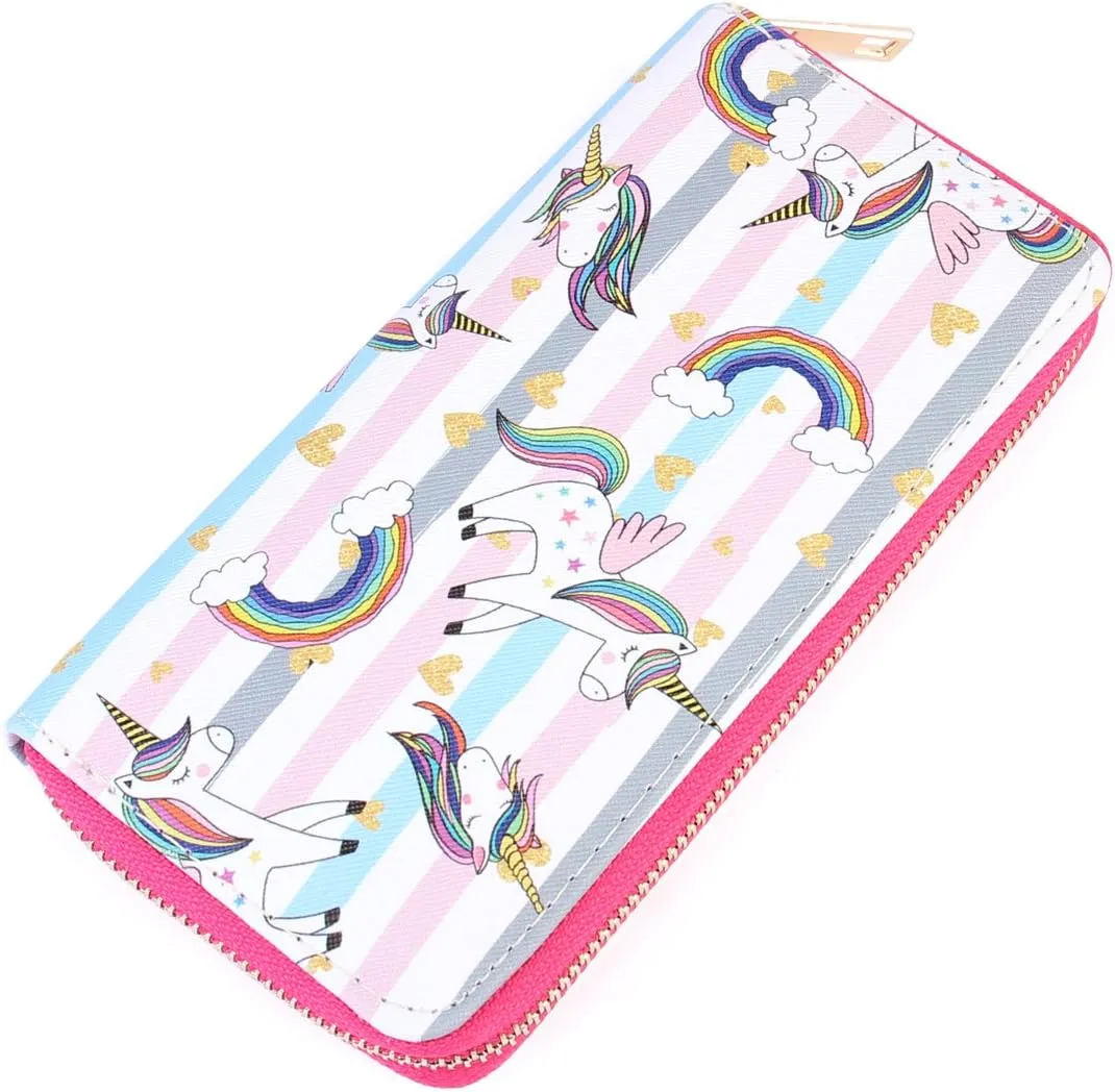 RIAH FASHION Cute Animal Print Zip Around Long Wallet - Fun Pattern Zipper Clutch Purse Card & Phone Slots Rainbow/Unicorn/Llama/Alpaca (Unicorn/Multi Stripe)