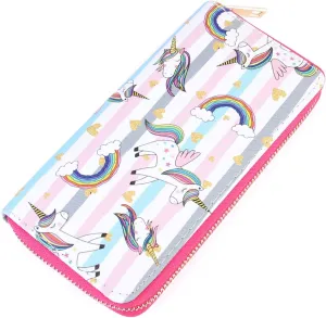 RIAH FASHION Cute Animal Print Zip Around Long Wallet - Fun Pattern Zipper Clutch Purse Card & Phone Slots Rainbow/Unicorn/Llama/Alpaca (Unicorn/Multi Stripe)
