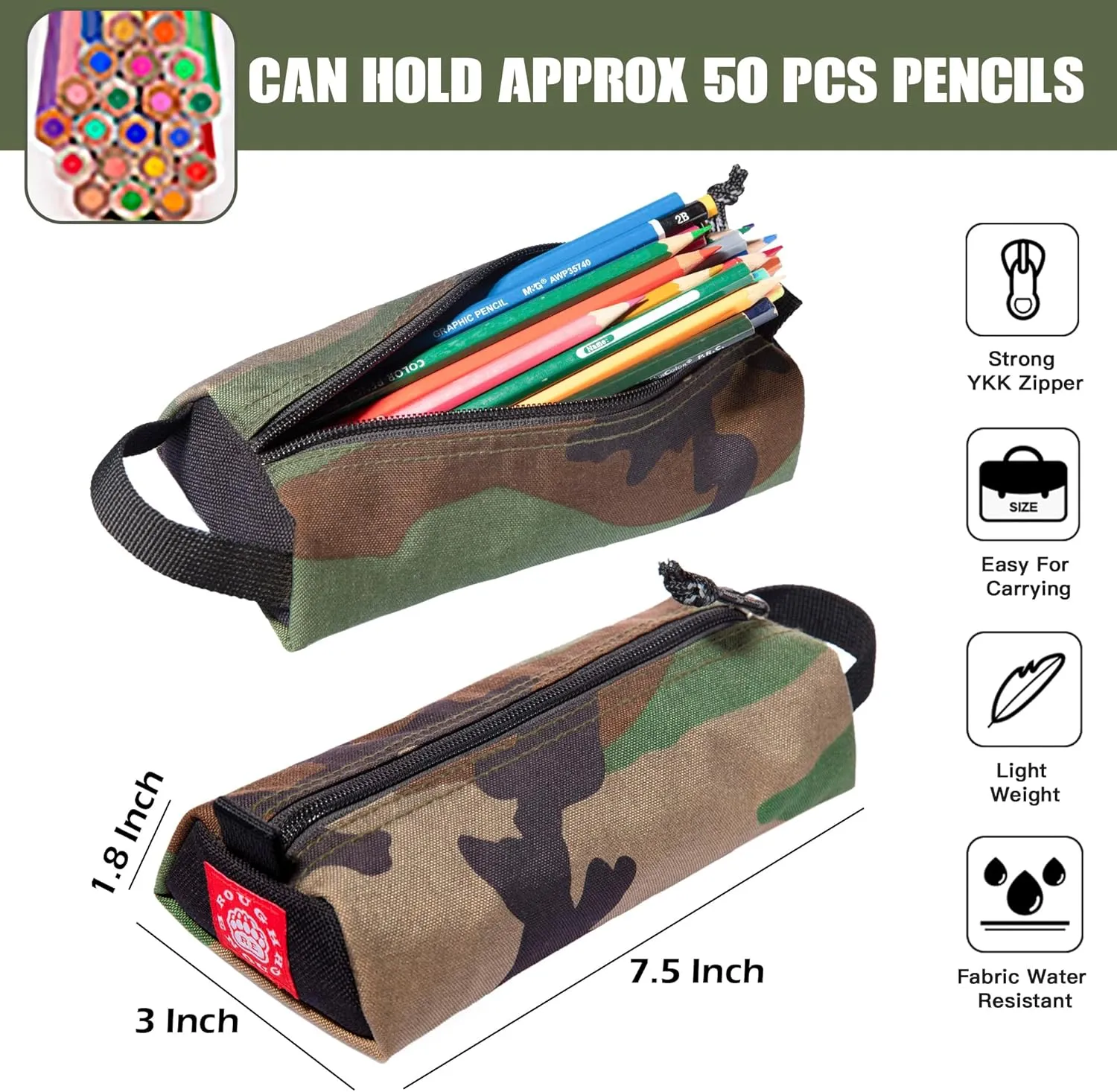 Rough Enough Small Pencil Case Pouch Bag for Adults Boys Girls Kids School Stationary Art Supplies Office Camo Cordura