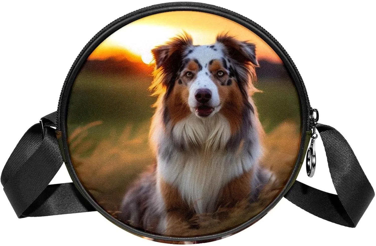 Round Cross Body Bag for Women, Long Strap Crossbody Bag, Sunset Pattern Australian Shepherd Dog