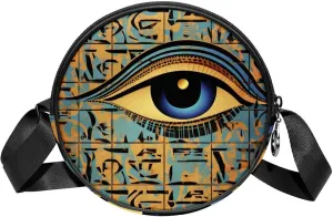 Round Cross Body Bag, Womens Purses, Long Strap Crossbody Bag for Traveling, Egyptian Patterns Eye