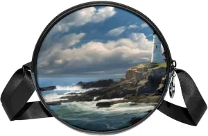 Round Cross Body Bag, Womens Purses, Long Strap Crossbody Bag for Traveling, ocean sea and lighthouse