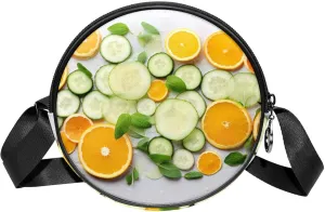 Round Cross Body Bag, Womens Purses, Long Strap Crossbody Bag for Traveling, Orange and Cucumber Fruit Vegetable