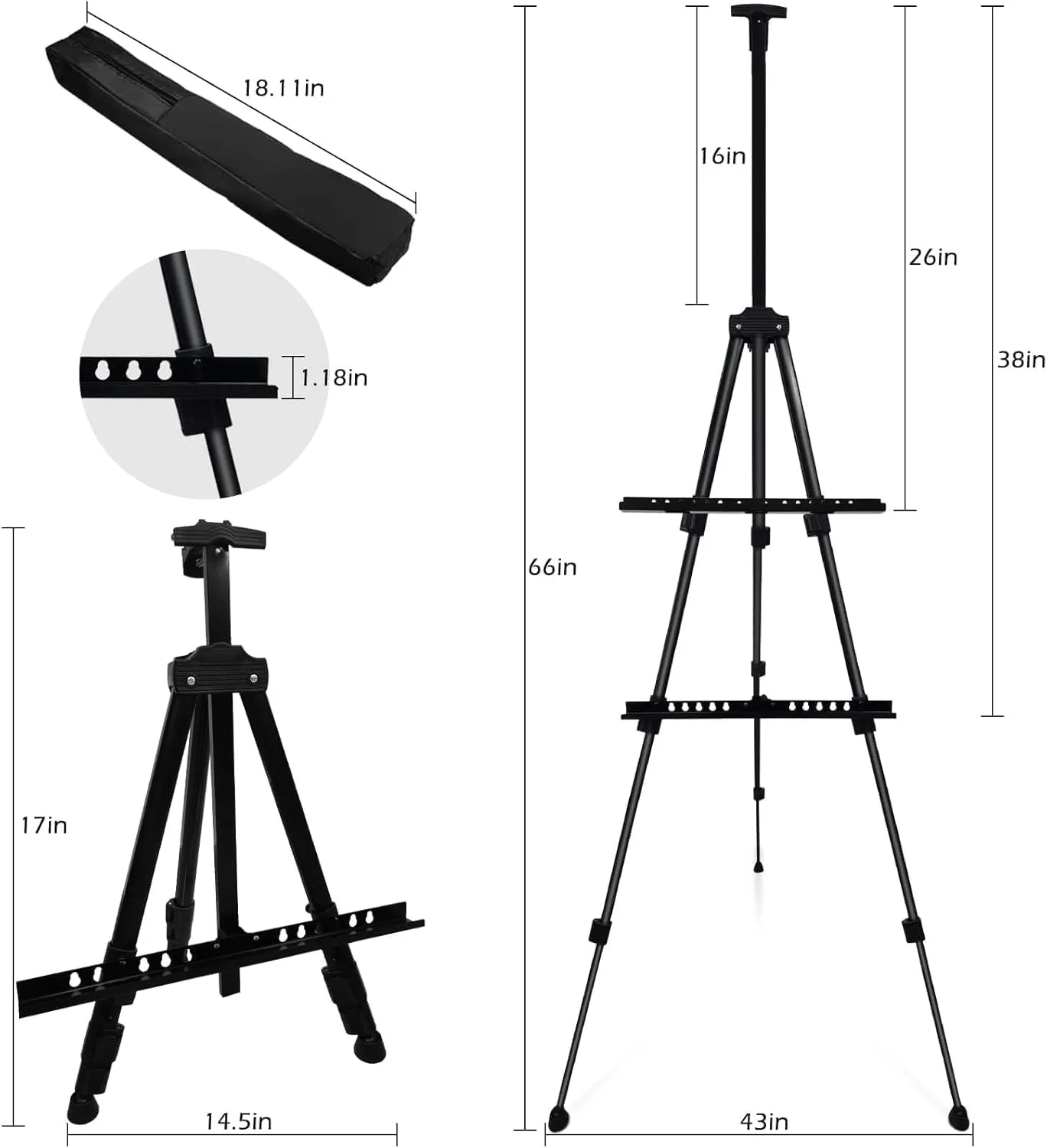 RRFTOK Art Painting Artist Easel Stand, Metal Tripod Adjustable Art Easel for Painting Canvases Height from 17 to 66 Inch,Carry Bag for Table-Top/Floor Drawing and Displaying,Black(1pack)