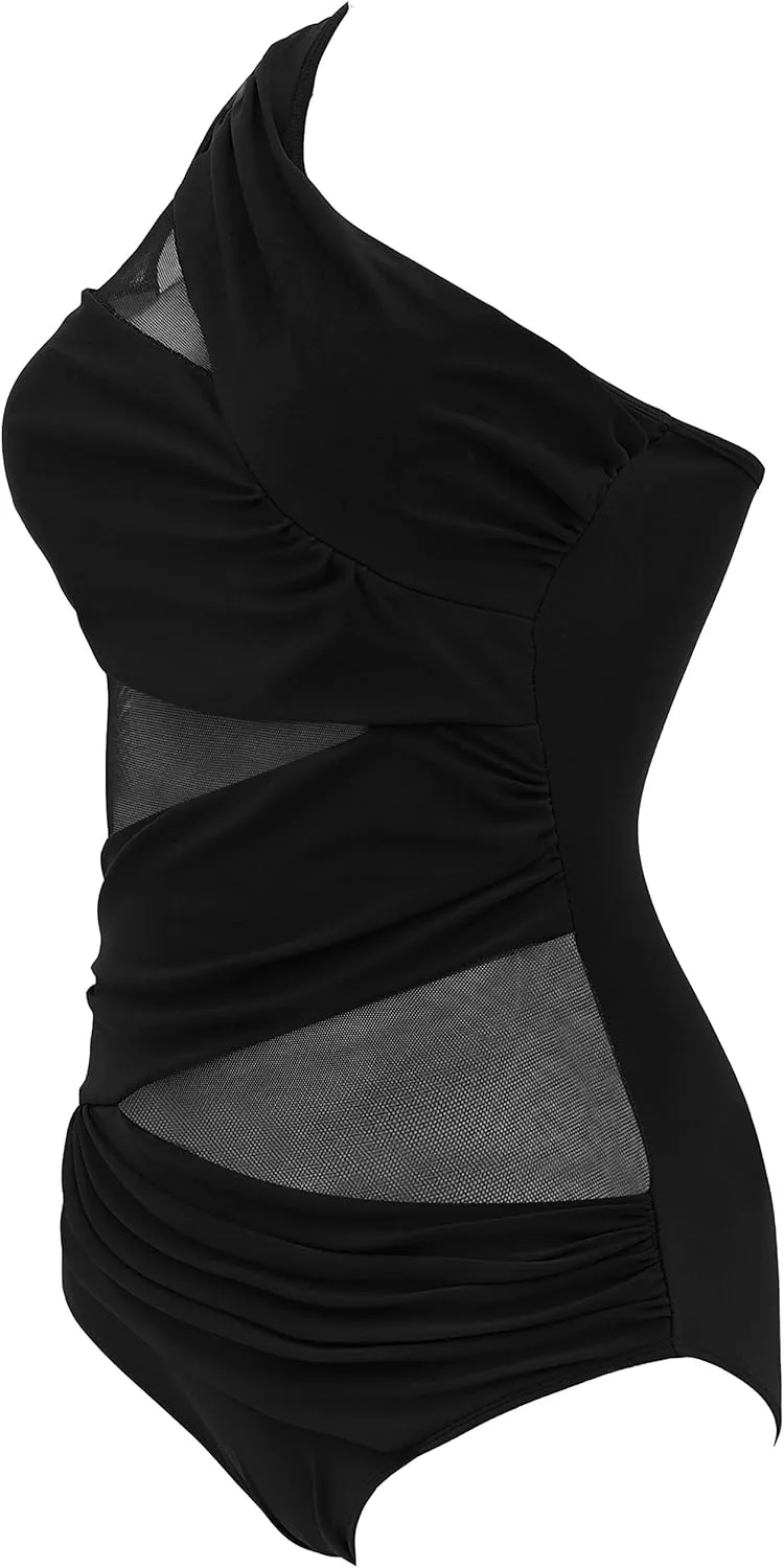Runtlly Women's One Piece Swimsuits One Shoulder Plus Size Swimwear Bathing Suit with See Through Mesh Style