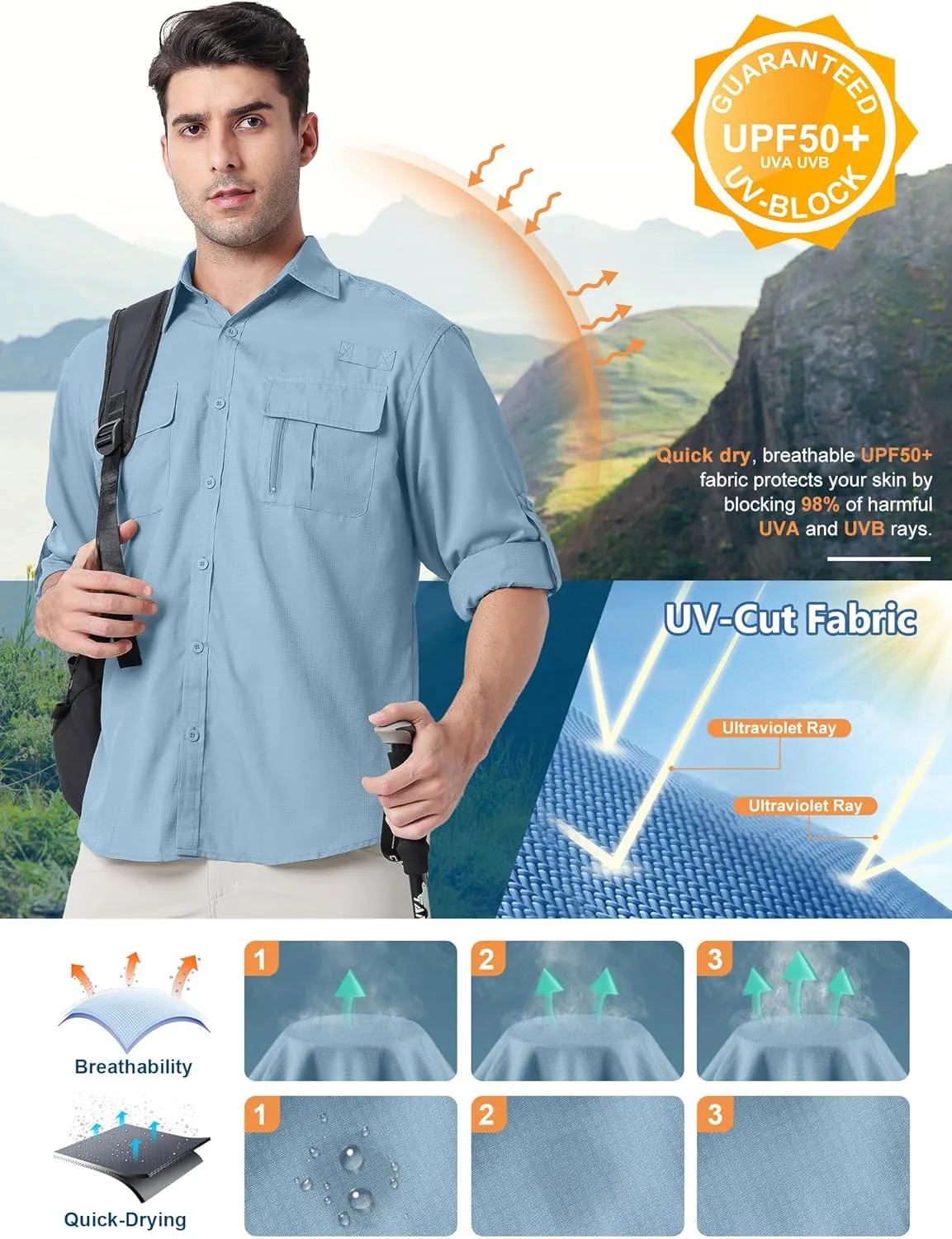 Safari Shirts for Men for Africa UV Sun Protection Lightweight Quick Dry Moisture Wicking for Hiking Fishing Travel Outdoor