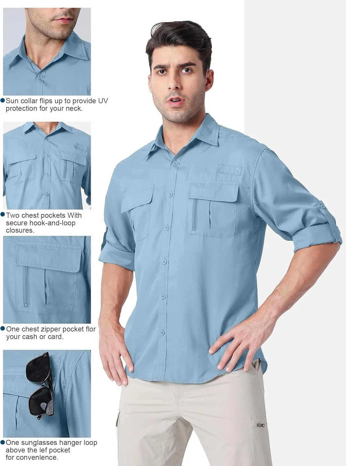 Safari Shirts for Men for Africa UV Sun Protection Lightweight Quick Dry Moisture Wicking for Hiking Fishing Travel Outdoor