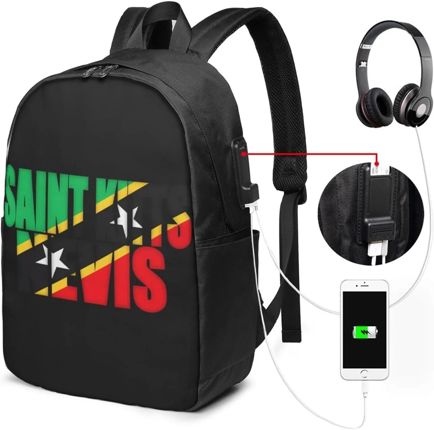 Saint Kitts Nevis Flag Laptop Backpacks Travel Backpack Casual Business Daypack Sport Rucksack Computer Bag Fits up to 17 Inch Notebook with USB Port