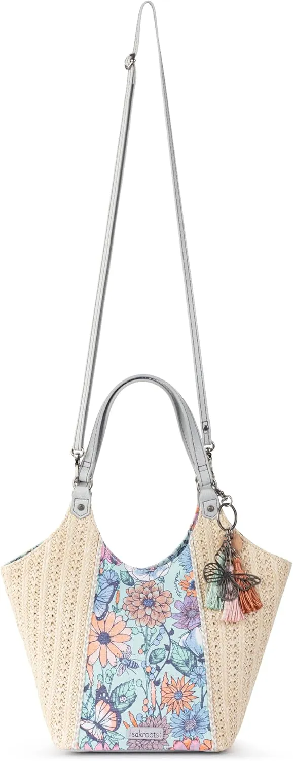 Sakroots Roma Mini Shopper in Synthetic Straw & Uncoated Canvas, Double Shoulder Straps, Aqua In Bloom