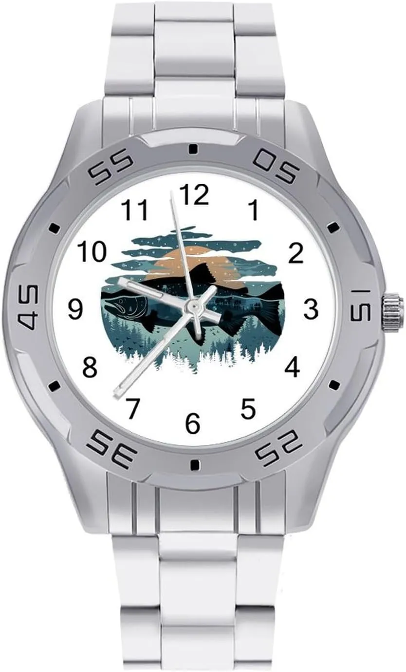 Salmon Fish World Simple Stainless Steel Band Business Watch Dress Wrist Unique Luxury Work Casual Waterproof Watches