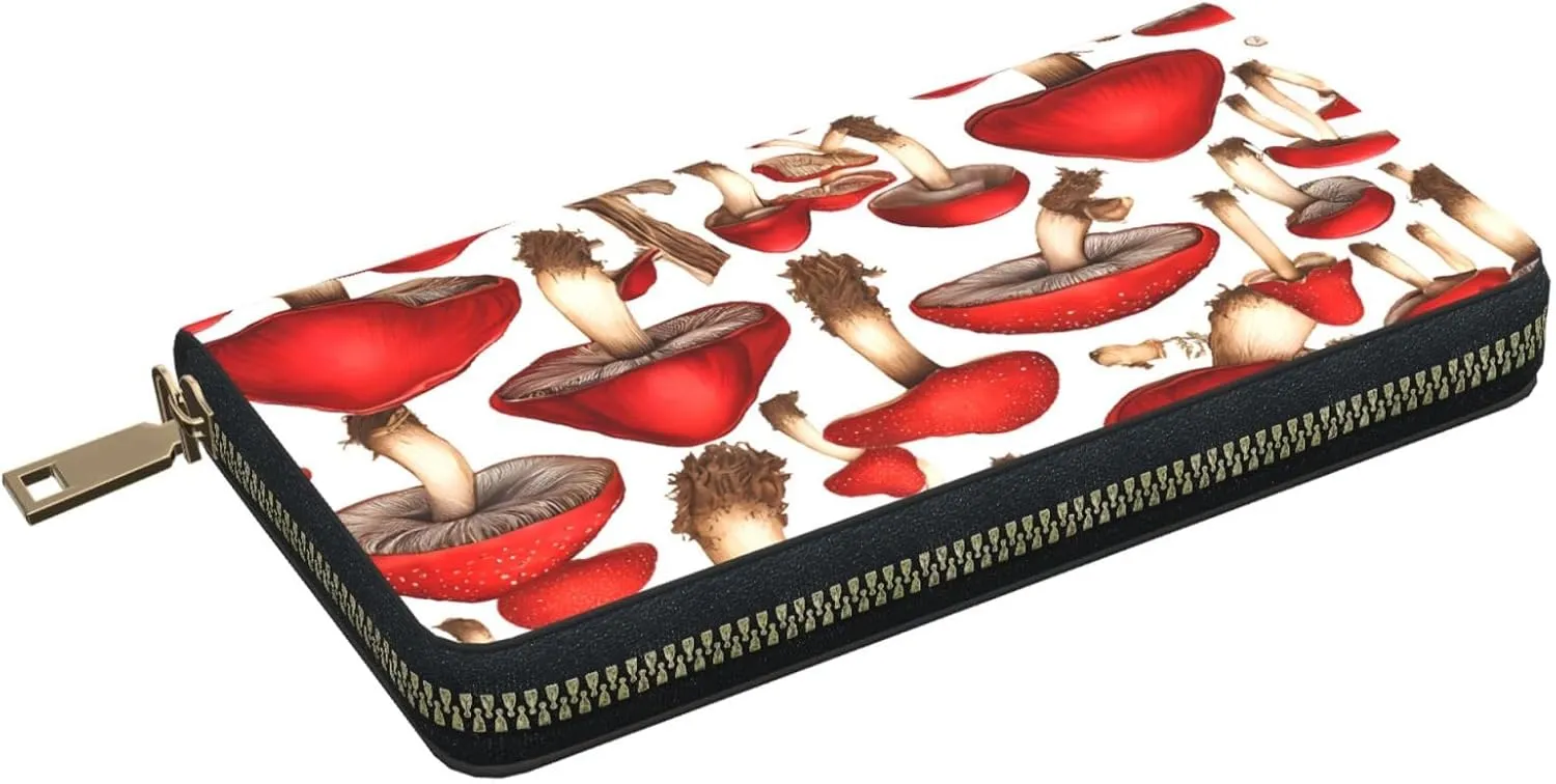 (Salmon) Pu Leather Purse Multi Compartment Card Wallet Stylish Wallet with Zipper for Cards, Coin, Bill, Red White Mushroom, One Size