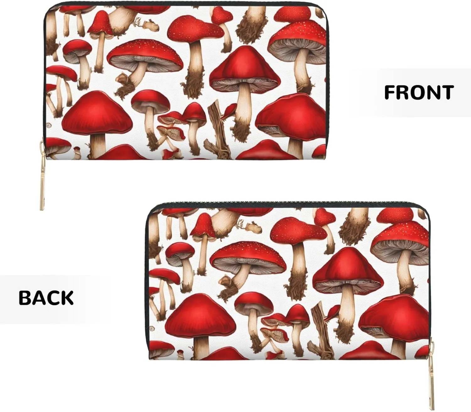 (Salmon) Pu Leather Purse Multi Compartment Card Wallet Stylish Wallet with Zipper for Cards, Coin, Bill, Red White Mushroom, One Size