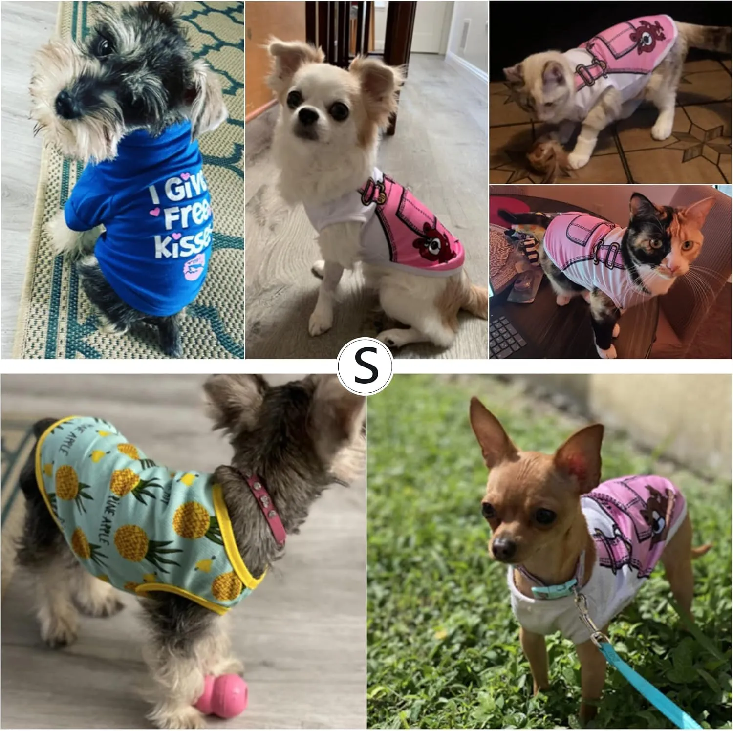 SATINIOR 6 Pcs Dog Clothes Printed Doggie Shirts Puppy T-Shirts Cute Pet Cotton Clothes Doggie Shirt for Small Medium Dog Apparel Summer Christmas(S)