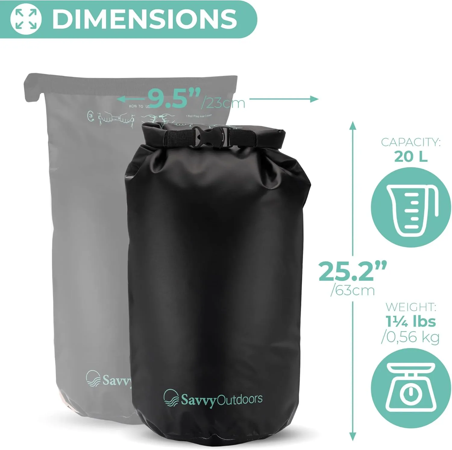 Savvy Outdoors Waterproof Dry Bag - Dry Bags for Food & Gear, Stuff Sacks for Backpacking and Camping Equipment, Waterproof Bag for Beach, Boating, Kayaking (20L, Black)