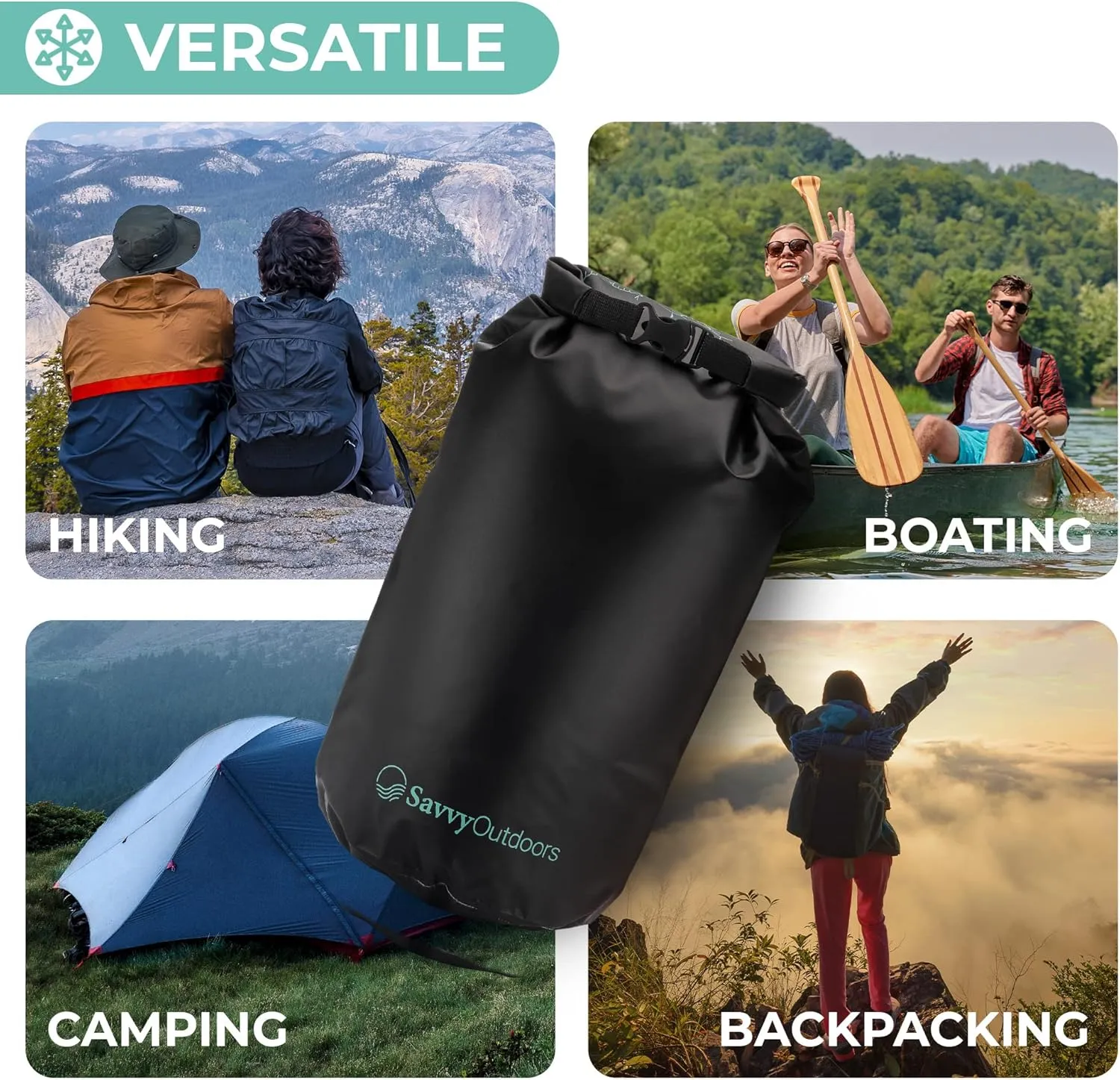 Savvy Outdoors Waterproof Dry Bag - Dry Bags for Food & Gear, Stuff Sacks for Backpacking and Camping Equipment, Waterproof Bag for Beach, Boating, Kayaking (20L, Black)