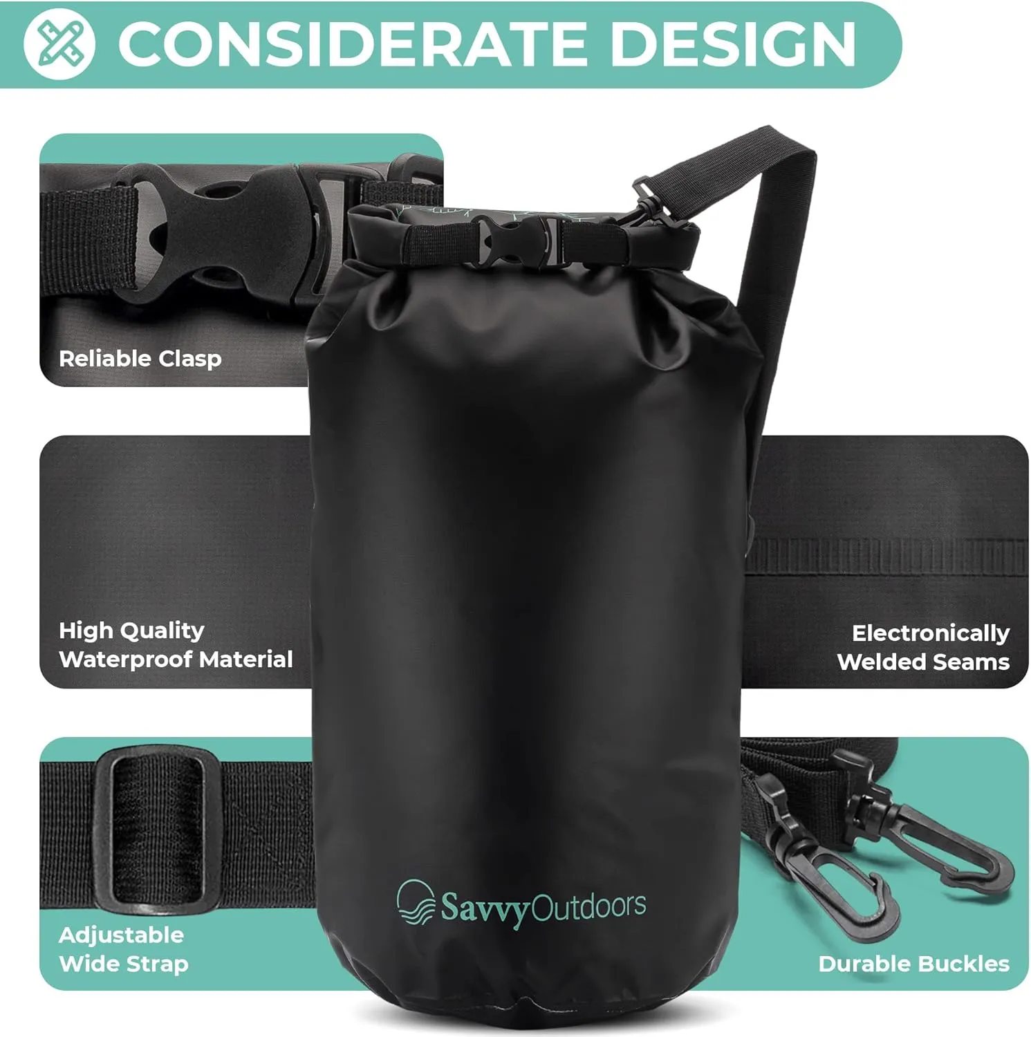 Savvy Outdoors Waterproof Dry Bag - Dry Bags for Food & Gear, Stuff Sacks for Backpacking and Camping Equipment, Waterproof Bag for Beach, Boating, Kayaking (20L, Black)