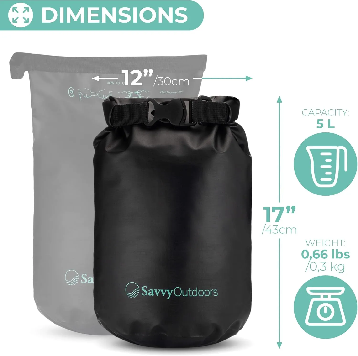 Savvy Outdoors Waterproof Dry Bag - Dry Bags for Food & Gear, Stuff Sacks for Backpacking and Camping Equipment, Waterproof Bag for Beach, Boating, Kayaking (5L, Black)