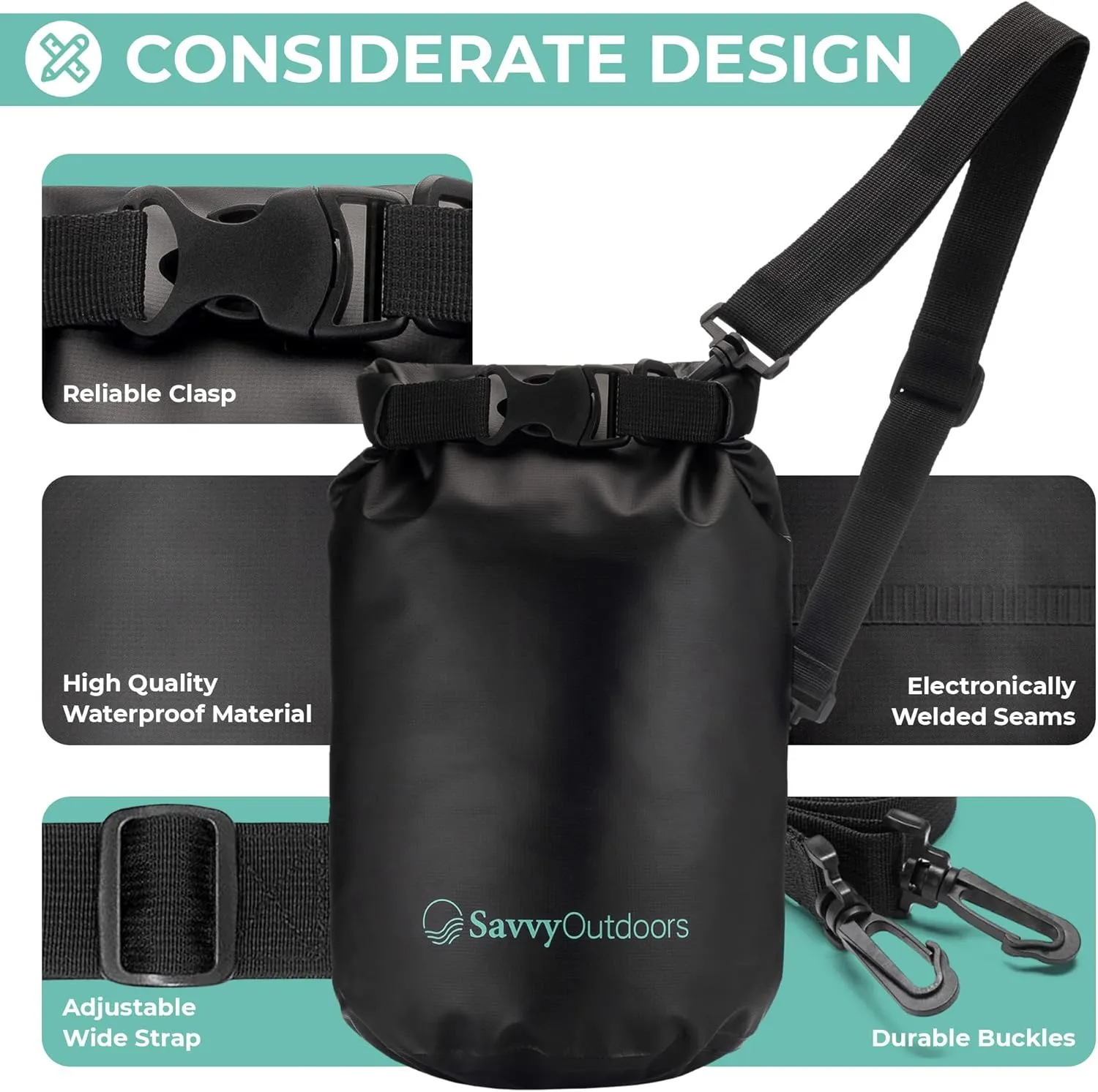 Savvy Outdoors Waterproof Dry Bag - Dry Bags for Food & Gear, Stuff Sacks for Backpacking and Camping Equipment, Waterproof Bag for Beach, Boating, Kayaking (5L, Black)