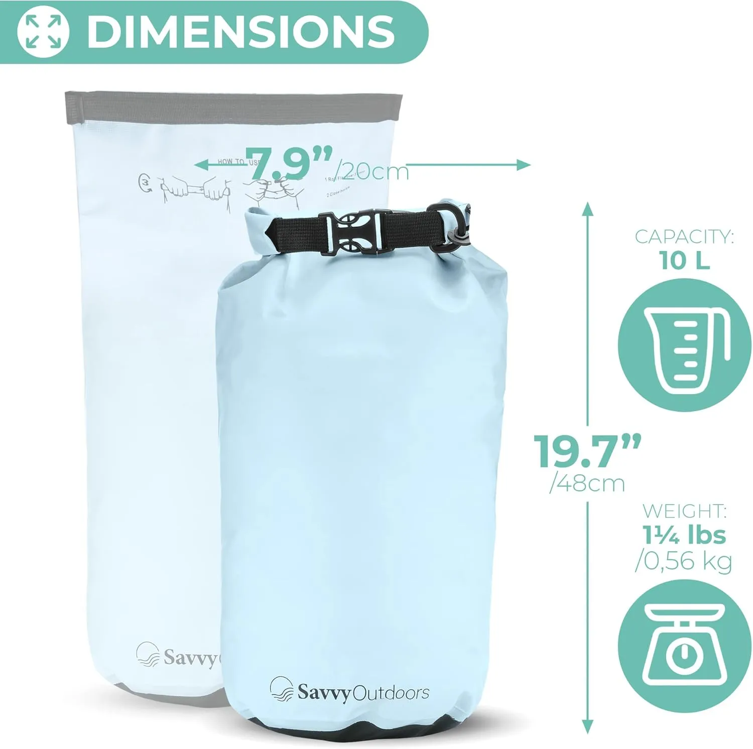 Savvy Outdoors Waterproof Dry Bag - Dry Bags for Food & Gear, Stuff Sacks for Backpacking and Camping Equipment, Waterproof Bag for Beach, Boating, Kayaking, Available in 5L, 10L, 20L, or 30L, Mint