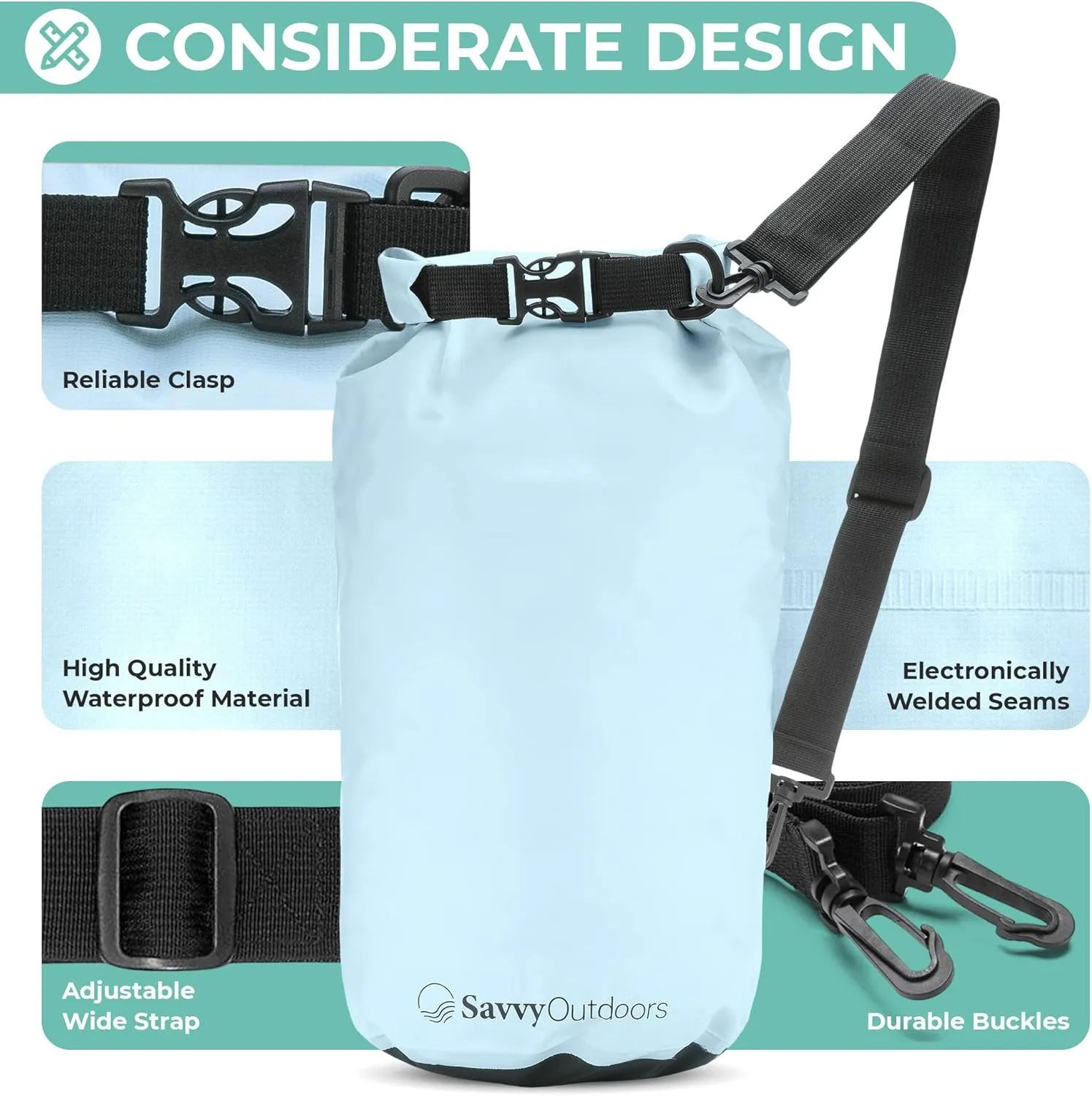 Savvy Outdoors Waterproof Dry Bag - Dry Bags for Food & Gear, Stuff Sacks for Backpacking and Camping Equipment, Waterproof Bag for Beach, Boating, Kayaking, Available in 5L, 10L, 20L, or 30L, Mint