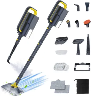 ScrubWiz Steam Mop Cleaner with Detachable Handheld Steamer, 10-in-1 Multi Accessories, Washable Microfiber Pads, 350ml and 2 Adjustable Levels for Cleaning Floor, Carpet, Tiles, and Grout, Gray