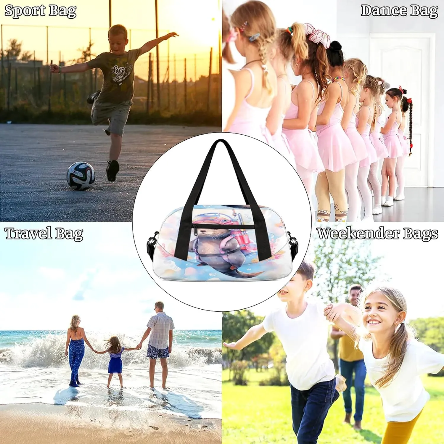 Sea Animal Otter Kids Duffel Bag Lightweight Waterproof Sports Gym Bag with Front Zipper Pocket Foldable Weekender Overnight Bag for School Practice Gymnastic Ballet
