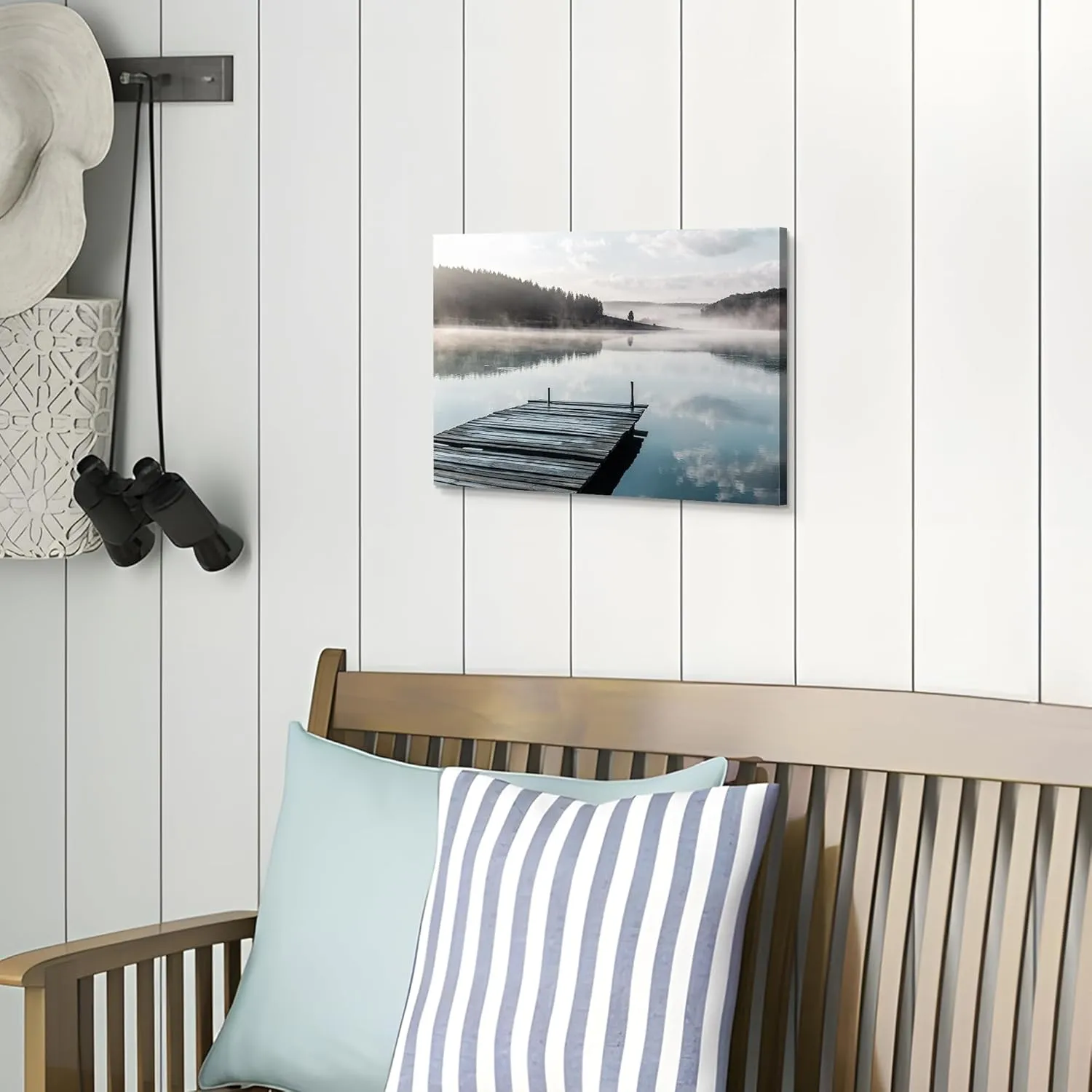 Sea Whisper Lake Mountain Canvas Wall Art: Nature Scene Artwork Forest Picture Calming Landscape Prints Dock Painting for Bedroom