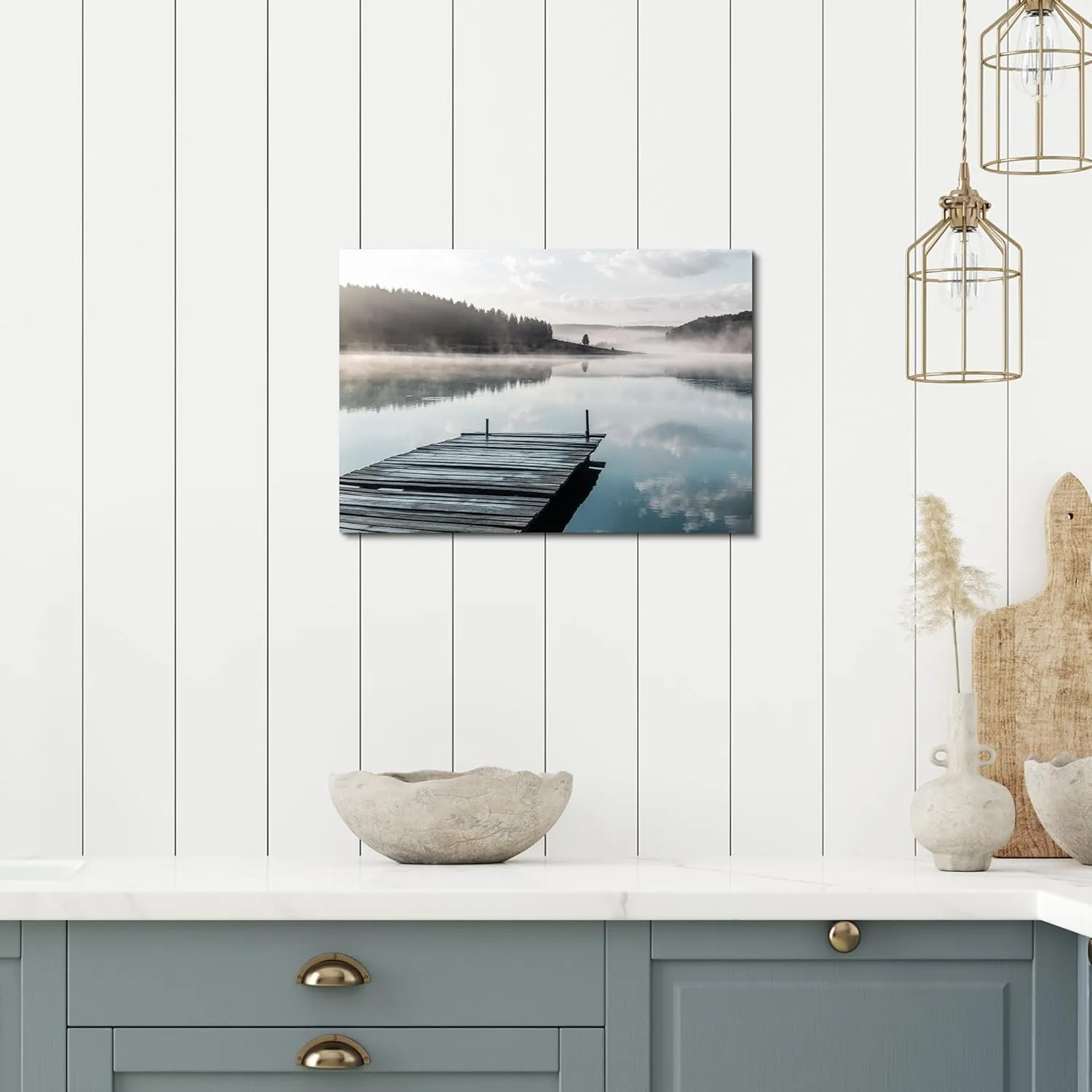 Sea Whisper Lake Mountain Canvas Wall Art: Nature Scene Artwork Forest Picture Calming Landscape Prints Dock Painting for Bedroom