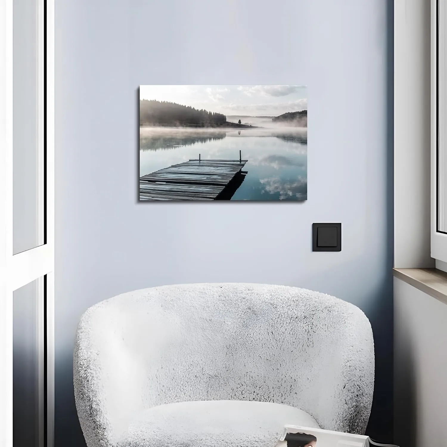Sea Whisper Lake Mountain Canvas Wall Art: Nature Scene Artwork Forest Picture Calming Landscape Prints Dock Painting for Bedroom