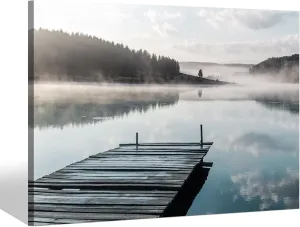 Sea Whisper Lake Mountain Canvas Wall Art: Nature Scene Artwork Forest Picture Calming Landscape Prints Dock Painting for Bedroom