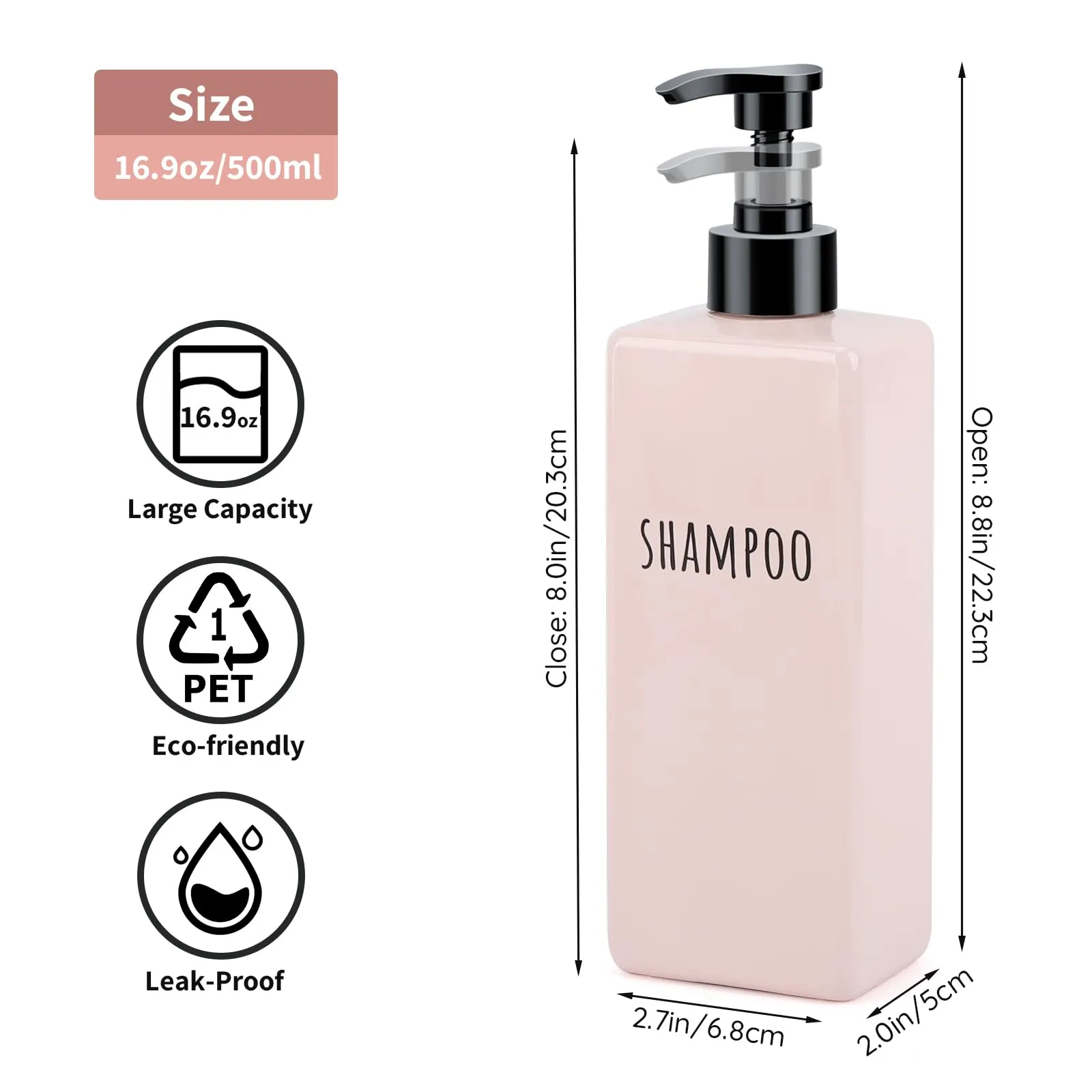 Segbeauty Refillable Shampoo and Conditioner Bottles, 3pcs 16.9oz Square Plastic Bathroom Soap Dispenser Set, 500ml Empty Shower Bottles Lotion Dispenser Press Pump Bottle for Modern Home Decor Pink