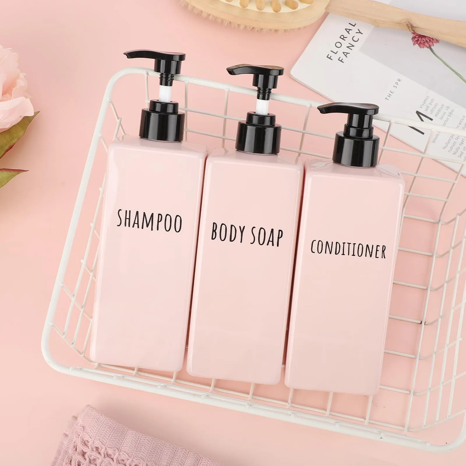 Segbeauty Refillable Shampoo and Conditioner Bottles, 3pcs 16.9oz Square Plastic Bathroom Soap Dispenser Set, 500ml Empty Shower Bottles Lotion Dispenser Press Pump Bottle for Modern Home Decor Pink
