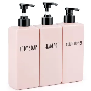 Segbeauty Refillable Shampoo and Conditioner Bottles, 3pcs 16.9oz Square Plastic Bathroom Soap Dispenser Set, 500ml Empty Shower Bottles Lotion Dispenser Press Pump Bottle for Modern Home Decor Pink