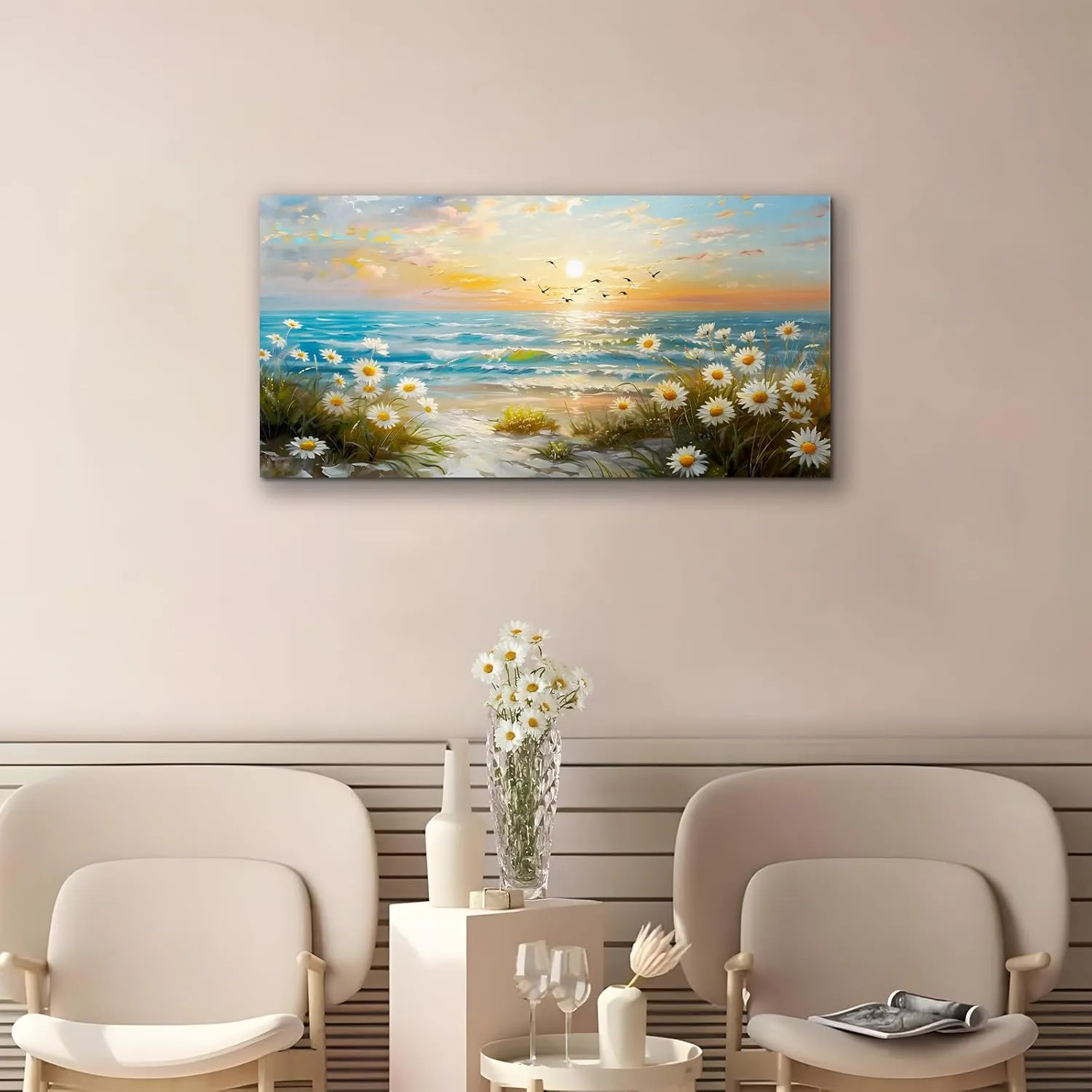 SERIMINO Large Canvas Wall Art Prints, Ocean Sunset Landscape Canvas Prints Paintings, Coastal Daisy Paintings Decor, Seaside Wildflowers Wall Decor for Bedroom Living Room Dining Room 20"X40"