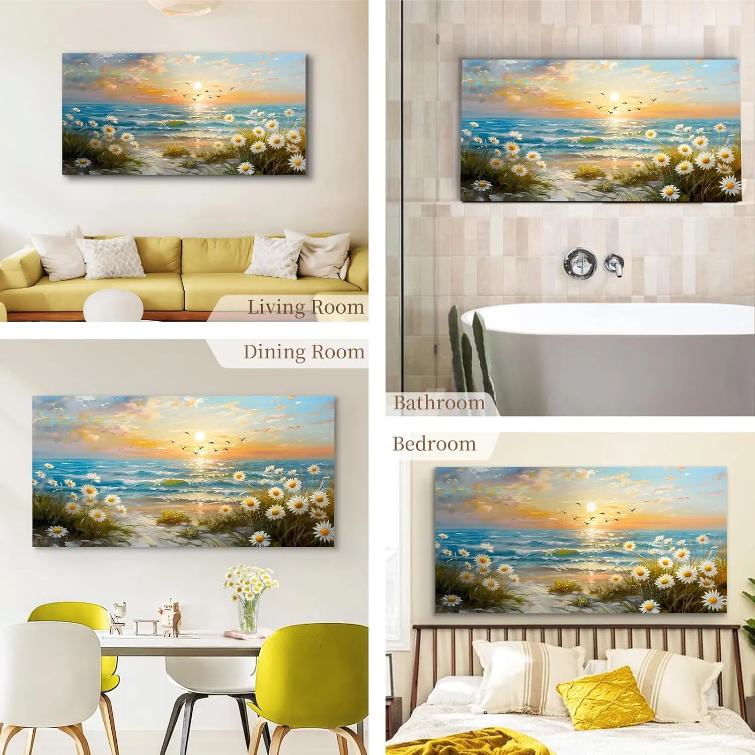 SERIMINO Large Canvas Wall Art Prints, Ocean Sunset Landscape Canvas Prints Paintings, Coastal Daisy Paintings Decor, Seaside Wildflowers Wall Decor for Bedroom Living Room Dining Room 20"X40"
