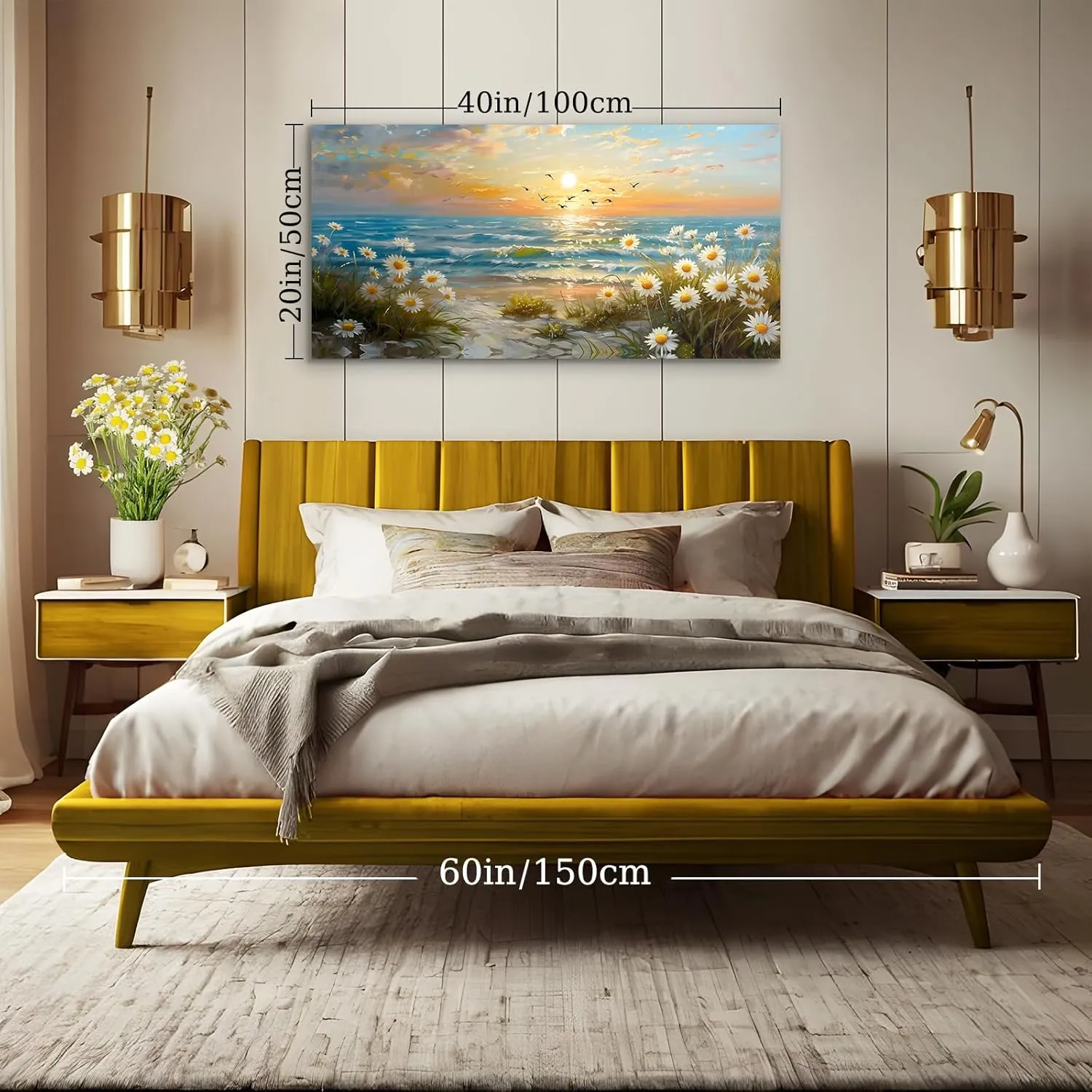 SERIMINO Large Canvas Wall Art Prints, Ocean Sunset Landscape Canvas Prints Paintings, Coastal Daisy Paintings Decor, Seaside Wildflowers Wall Decor for Bedroom Living Room Dining Room 20"X40"