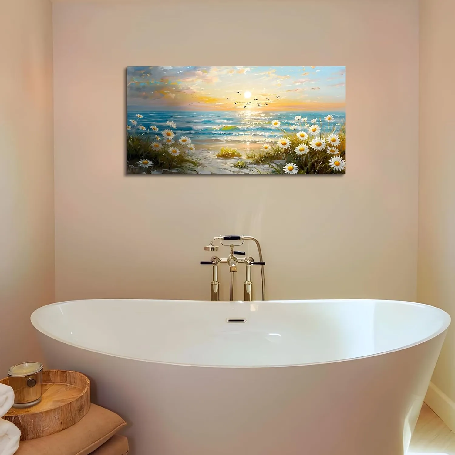 SERIMINO Large Canvas Wall Art Prints, Ocean Sunset Landscape Canvas Prints Paintings, Coastal Daisy Paintings Decor, Seaside Wildflowers Wall Decor for Bedroom Living Room Dining Room 20"X40"