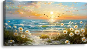 SERIMINO Large Canvas Wall Art Prints, Ocean Sunset Landscape Canvas Prints Paintings, Coastal Daisy Paintings Decor, Seaside Wildflowers Wall Decor for Bedroom Living Room Dining Room 20"X40"