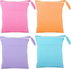 Shappy 4 Pcs Wet Dry Bag for Baby Cloth Diapers Waterproof Wet Bag Washable Travel Reusable with 2 Pocket for Travel Beach Pool(Blue, Purple, Pink, Orange)