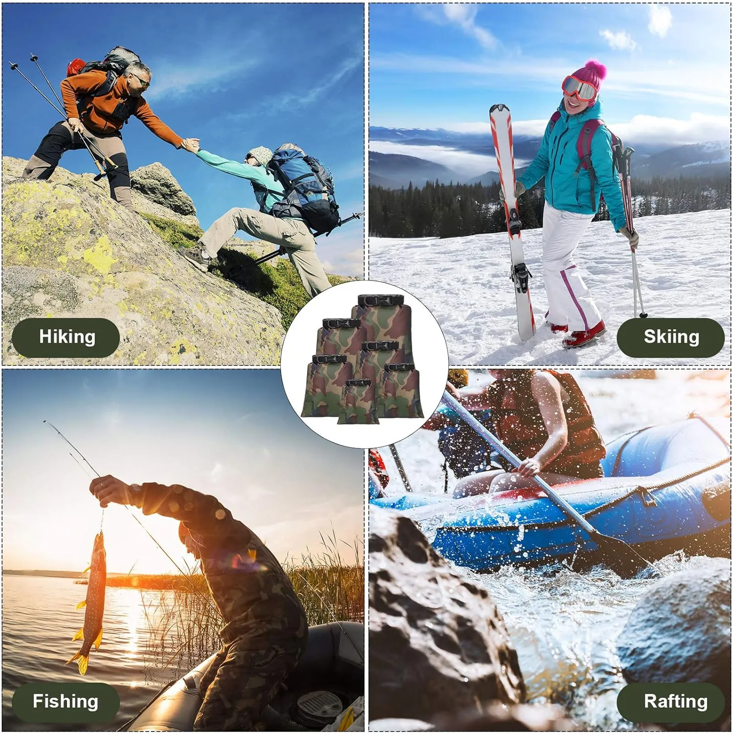 Shappy 6 Pcs Waterproof Dry Bag Set 6 Sizes Lightweight Sacks and Long Adjustable Shoulder Strap Outdoor Water Proof Keep Gear Dry Bag Stuff Sacks for Backpacking, Boating, Hiking, Camping (Camo)