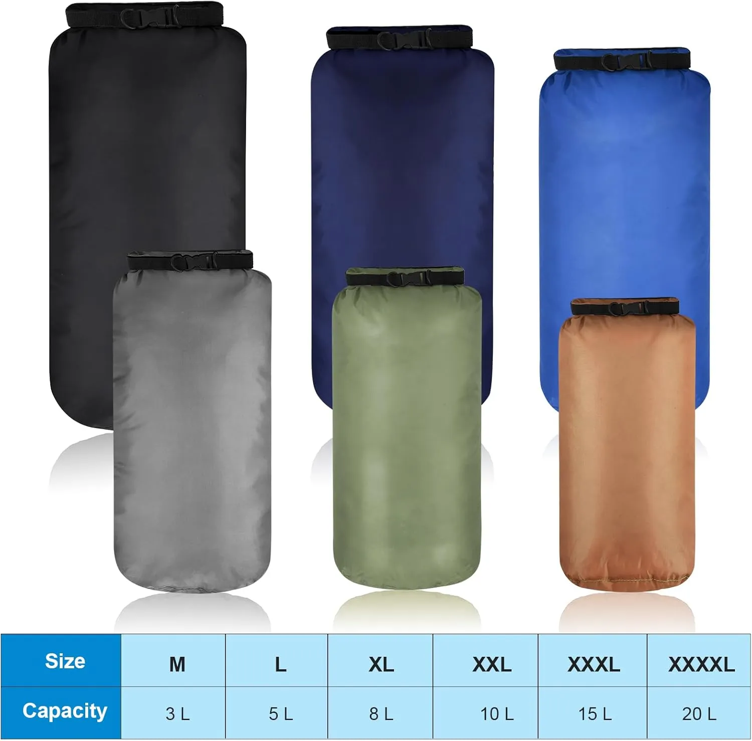 Shappy 6 Pcs Waterproof Dry Bag Set Dry Sacks Lightweight Airtight Combo Set with 20 L 15 L 10 L 8 L 5 L 3 L Sacks and Long Adjustable Shoulder Strap for Boating Hiking Camping